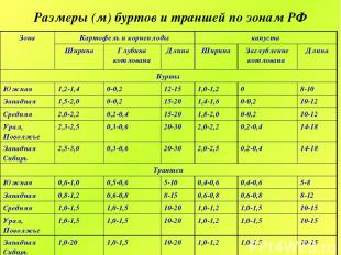 Размеры (м) буртов и траншей по зонам РФ Зона Картофель и корнеплоды капуста Шир