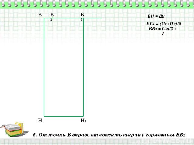 5. От точки В вправо отложить ширину горловины ВВ2 В Н ВН = Ди ВВ1 = (Сг+Пг)/2 В1 Н1 ВВ2 = Сш/3 + 1 В2