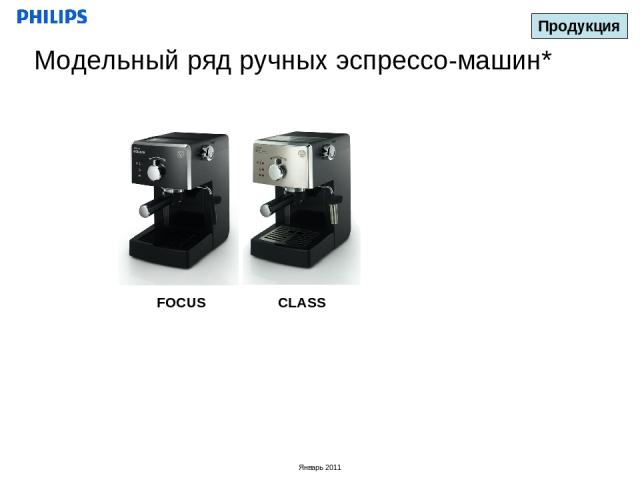 Модельный ряд ручных эспрессо-машин* CLASS FOCUS Продукция Январь 2011