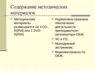 Содержание методических материалов Методические материалы размещаются на 4 CD-R(