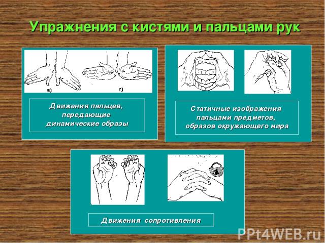 Упражнения с кистями и пальцами рук Движения пальцев, передающие динамические образы Статичные изображения пальцами предметов, образов окружающего мира Движения сопротивления