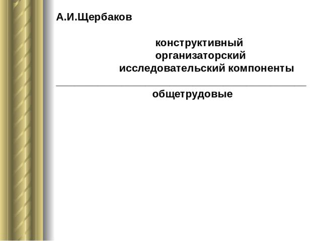 А.И.Щербаков конструктивный организаторский исследовательский компоненты __________________________________________ общетрудовые