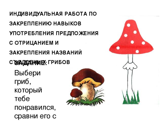 ЗАДАНИЕ: Выбери гриб, который тебе понравился, сравни его с мухомором. ИНДИВИДУАЛЬНАЯ РАБОТА ПО ЗАКРЕПЛЕНИЮ НАВЫКОВ УПОТРЕБЛЕНИЯ ПРЕДЛОЖЕНИЯ С ОТРИЦАНИЕМ И ЗАКРЕПЛЕНИЯ НАЗВАНИЙ СЪЕДОБНЫХ ГРИБОВ