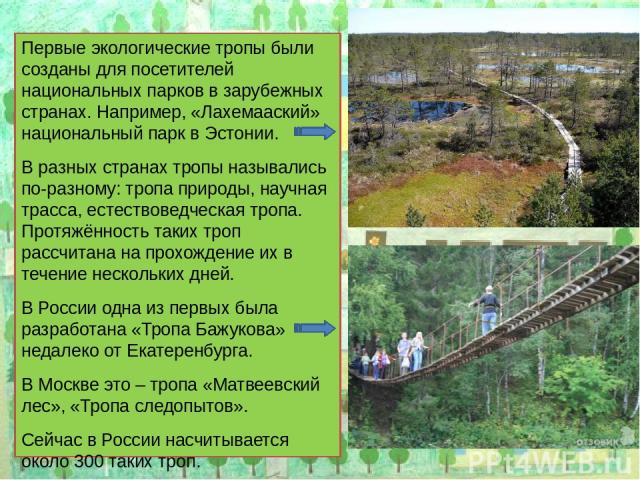 Первые экологические тропы были созданы для посетителей национальных парков в зарубежных странах. Например, «Лахемааский» национальный парк в Эстонии. В разных странах тропы назывались по-разному: тропа природы, научная трасса, естествоведческая тро…