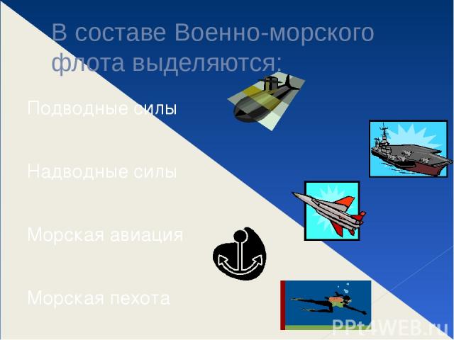 В составе Военно-морского флота выделяются: Подводные силы Надводные силы Морская авиация Морская пехота Спецназ ВМФ России