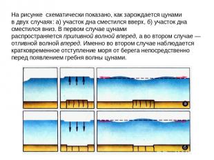 На рисунке  схематически показано, как зарождается цунами в двух случаях: а) уча