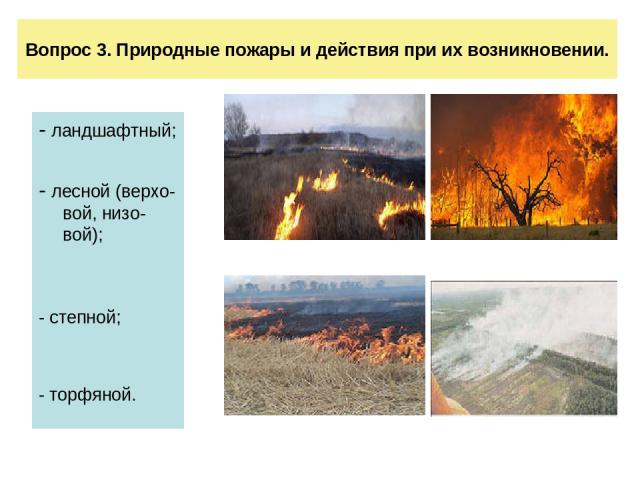 Вопрос 3. Природные пожары и действия при их возникновении. - ландшафтный; - лесной (верхо-вой, низо-вой); - степной; - торфяной.