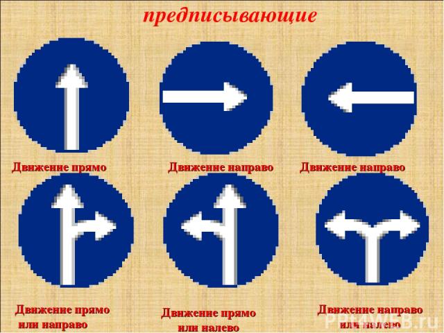 предписывающие Движение прямо Движение направо Движение направо Движение направо или налево Движение прямо или направо Движение прямо или налево