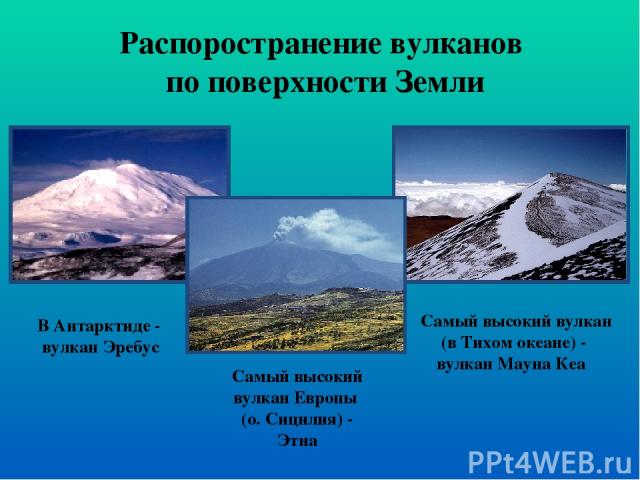 Распоространение вулканов по поверхности Земли В Антарктиде - вулкан Эребус Самый высокий вулкан (в Тихом океане) - вулкан Мауна Кеа Самый высокий вулкан Европы (о. Сицилия) - Этна