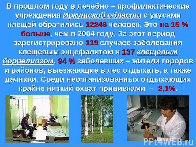 В прошлом году в лечебно – профилактические учреждения Иркутской области с укусами клещей обратились 12246 человек. Это на 15 % больше, чем в 2004 году. За этот период зарегистрировано 119 случаев заболевания клещевым энцефалитом и 137 клещевым борр…