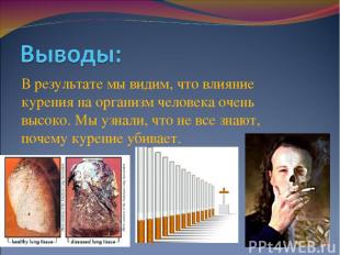 В результате мы видим, что влияние курения на организм человека очень высоко. Мы