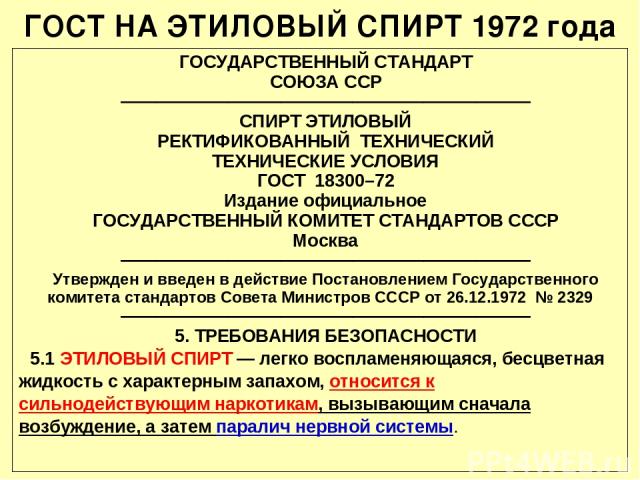 ГОСТ НА ЭТИЛОВЫЙ СПИРТ 1972 года ГОСУДАРСТВЕННЫЙ СТАНДАРТ СОЮЗА ССР ——————————————————————— СПИРТ ЭТИЛОВЫЙ РЕКТИФИКОВАННЫЙ ТЕХНИЧЕСКИЙ ТЕХНИЧЕСКИЕ УСЛОВИЯ ГОСТ 18300–72 Издание официальное ГОСУДАРСТВЕННЫЙ КОМИТЕТ СТАНДАРТОВ СССР Москва —————————————…