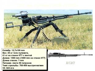 12,7-мм пулемет НСВ «УТЕС» Калибр: 12,7x109 mm Вес: 25 кг тело пулемета, 41 кг н