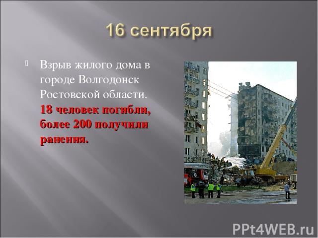 Взрыв жилого дома в городе Волгодонск Ростовской области. 18 человек погибли, более 200 получили ранения.