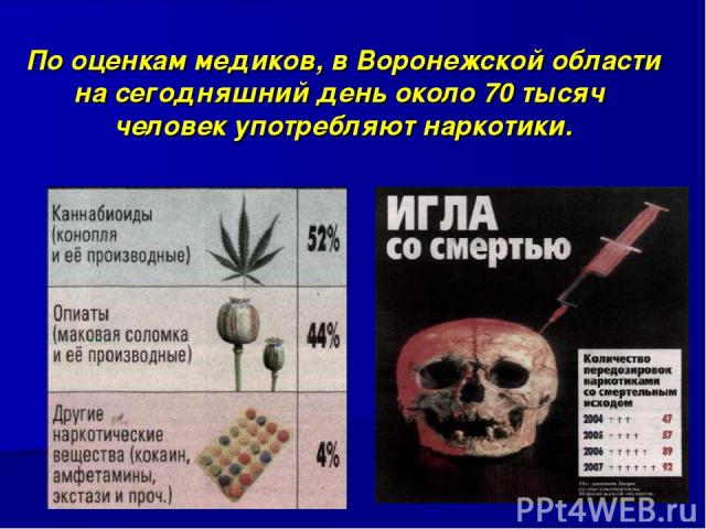 По оценкам медиков, в Воронежской области на сегодняшний день около 70 тысяч человек употребляют наркотики.