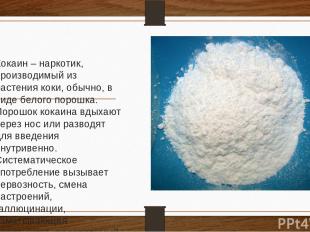Кокаин – наркотик, производимый из растения коки, обычно, в виде белого порошка.