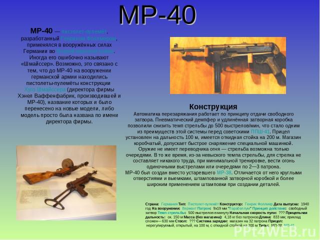 MP-40 MP-40 — пистолет-пулемёт, разработанный Генрихом Фоллмером, применялся в вооружённых силах Германии во Второй мировой войне. Иногда его ошибочно называют «Шмайссер». Возможно, это связано с тем, что до MP-40 на вооружении германской армии нахо…
