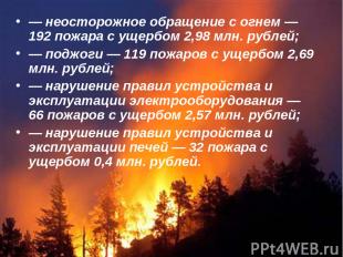 — неосторожное обращение с огнем — 192 пожара с ущербом 2,98 млн. рублей; — подж