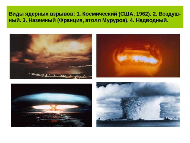 Виды ядерных взрывов: 1. Космический (США, 1962). 2. Воздуш-ный. 3. Наземный (Франция, атолл Муруроа). 4. Надводный.