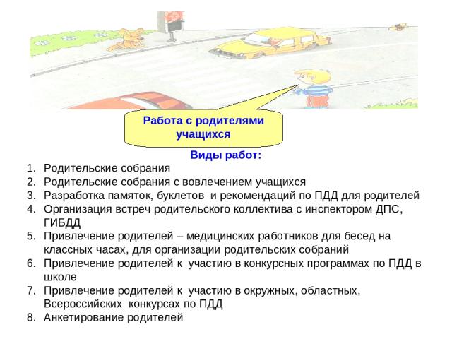 Работа с родителями учащихся Виды работ: Родительские собрания Родительские собрания с вовлечением учащихся Разработка памяток, буклетов и рекомендаций по ПДД для родителей Организация встреч родительского коллектива с инспектором ДПС, ГИБДД Привлеч…