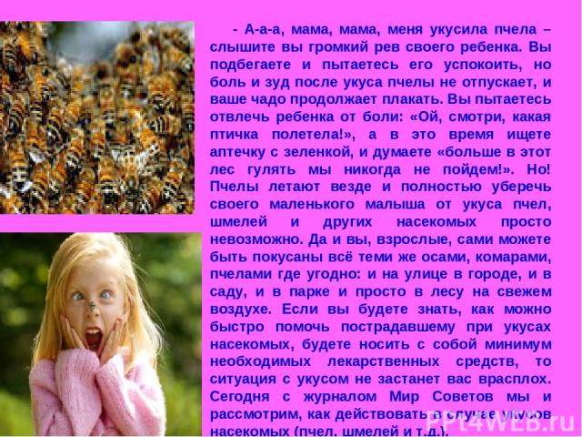 - А-а-а, мама, мама, меня укусила пчела – слышите вы громкий рев своего ребенка. Вы подбегаете и пытаетесь его успокоить, но боль и зуд после укуса пчелы не отпускает, и ваше чадо продолжает плакать. Вы пытаетесь отвлечь ребенка от боли: «Ой, смотри…