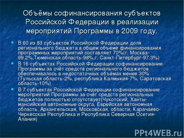 Объёмы софинансирования субъектов Российской Федерации в реализации мероприятий Программы в 2009 году. В 60 из 83 субъектов Российской Федерации доля регионального бюджета в общем объеме финансирования программных мероприятий составляет 70%(г. Москв…