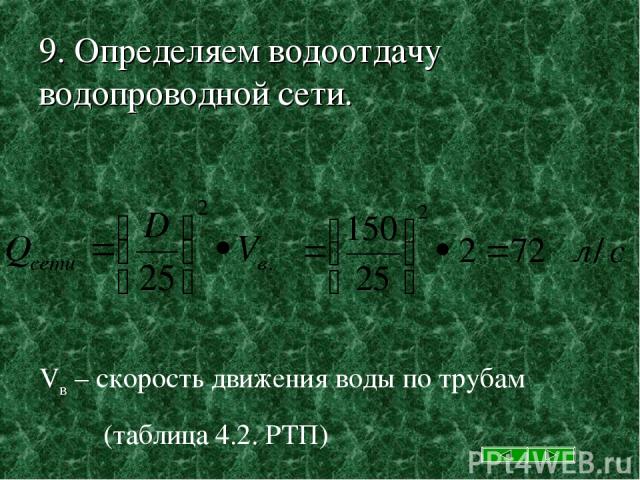 9. Определяем водоотдачу водопроводной сети. Vв – скорость движения воды по трубам (таблица 4.2. РТП)