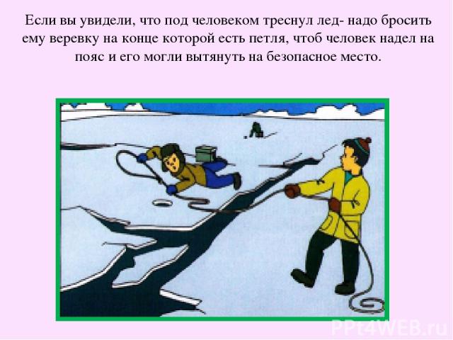 Если вы увидели, что под человеком треснул лед- надо бросить ему веревку на конце которой есть петля, чтоб человек надел на пояс и его могли вытянуть на безопасное место.