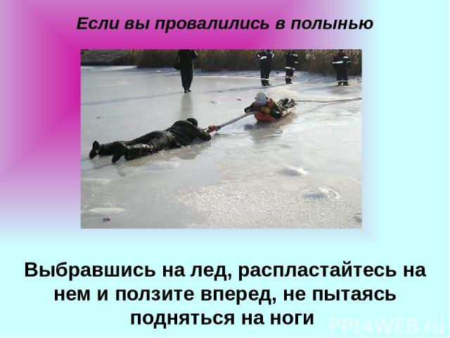 Если вы провалились в полынью Выбравшись на лед, распластайтесь на нем и ползите вперед, не пытаясь подняться на ноги