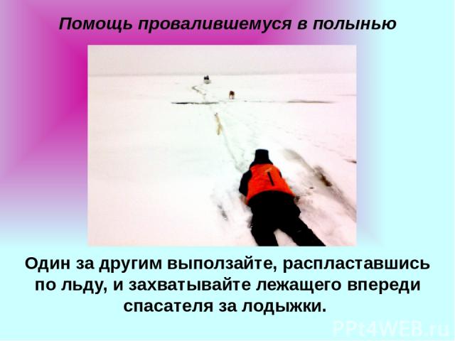 Помощь провалившемуся в полынью Один за другим выползайте, распластавшись по льду, и захватывайте лежащего впереди спасателя за лодыжки.