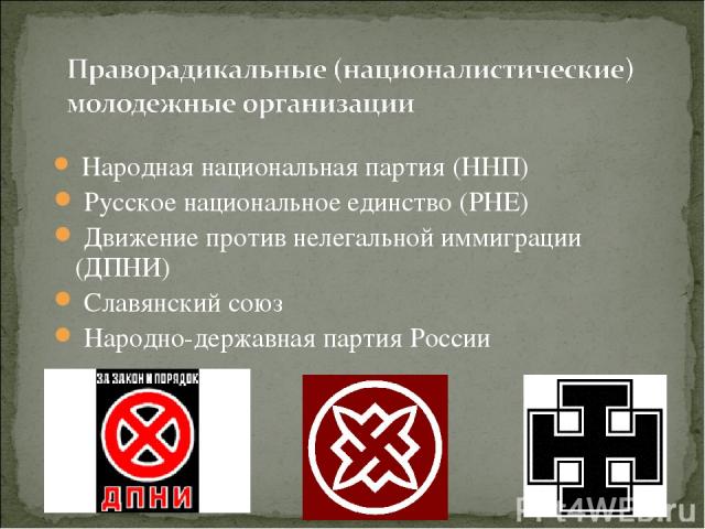 Народная национальная партия (ННП) Русское национальное единство (РНЕ) Движение против нелегальной иммиграции (ДПНИ) Славянский союз Народно-державная партия России