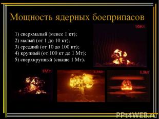 Мощность ядерных боеприпасов 1) сверхмалый (менее 1 кт); 2) малый (от 1 до 10 кт