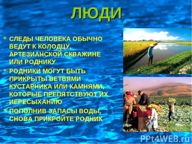 ЛЮДИ СЛЕДЫ ЧЕЛОВЕКА ОБЫЧНО ВЕДУТ К КОЛОДЦУ, АРТЕЗИАНСКОЙ СКВАЖИНЕ ИЛИ РОДНИКУ РОДНИКИ МОГУТ БЫТЬ ПРИКРЫТЫ ВЕТВЯМИ КУСТАРНИКА ИЛИ КАМНЯМИ, КОТОРЫЕ ПРЕПЯТСТВУЮТ ИХ ИЕРЕСЫХАНИЮ ПОПОЛНИВ ЗАПАСЫ ВОДЫ, СНОВА ПРИКРОЙТЕ РОДНИК