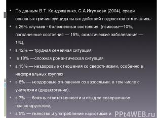 По данным В.Т. Кондрашенко, С.А.Игумнова (2004), среди основных причин суицидаль