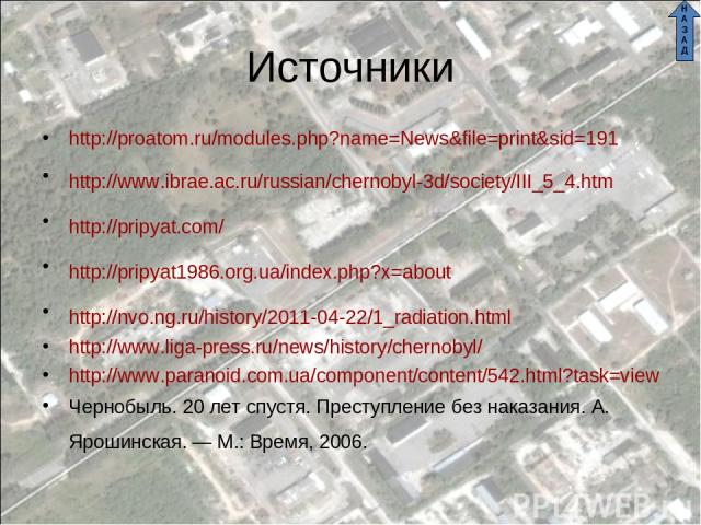 Источники http://proatom.ru/modules.php?name=News&file=print&sid=191 http://www.ibrae.ac.ru/russian/chernobyl-3d/society/III_5_4.htm http://pripyat.com/ http://pripyat1986.org.ua/index.php?x=about http://nvo.ng.ru/history/2011-04-22/1_radiation.html…