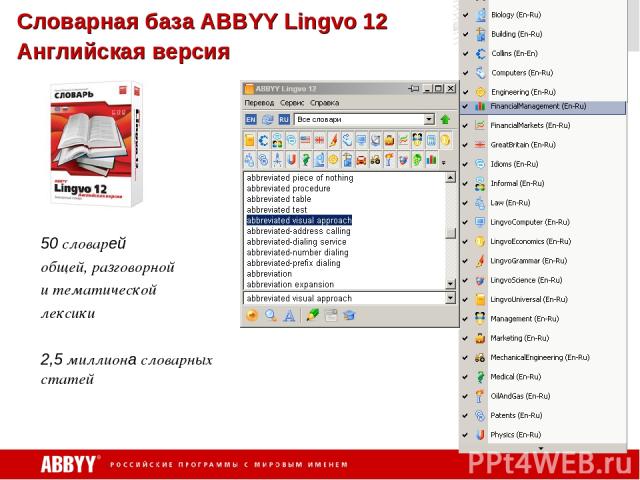 Словарная база ABBYY Lingvo 12 Английская версия 50 словарей общей, разговорной и тематической лексики 2,5 миллиона словарных статей