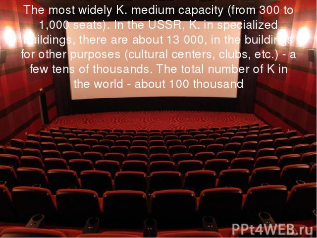 The most widely K. medium capacity (from 300 to 1,000 seats). In the USSR, K. in specialized buildings, there are about 13 000, in the buildings for other purposes (cultural centers, clubs, etc.) - a few tens of thousands. The total number of K in t…