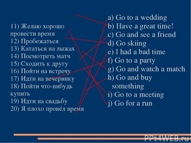 11) Желаю хорошо провести время 12) Пробежаться 13) Кататься на лыжах 14) Посмотреть матч 15) Сходить к другу 16) Пойти на встречу 17) Идти на вечеринку 18) Пойти что-нибудь купить 19) Идти на свадьбу 20) Я плохо провёл время a) Go to a wedding b) H…