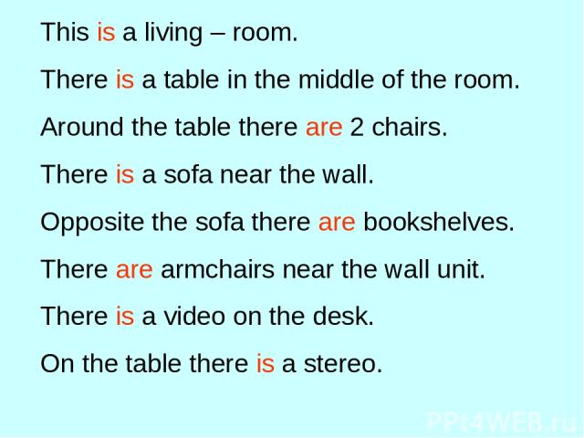 This is a living – room. There is a table in the middle of the room. Around the table there are 2 chairs. There is a sofa near the wall. Opposite the sofa there are bookshelves. There are armchairs near the wall unit. There is a video on the desk. O…