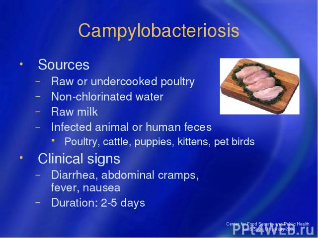 Center for Food Security and Public Health Iowa State University 2004 Campylobacteriosis Sources Raw or undercooked poultry Non-chlorinated water Raw milk Infected animal or human feces Poultry, cattle, puppies, kittens, pet birds Clinical signs Dia…