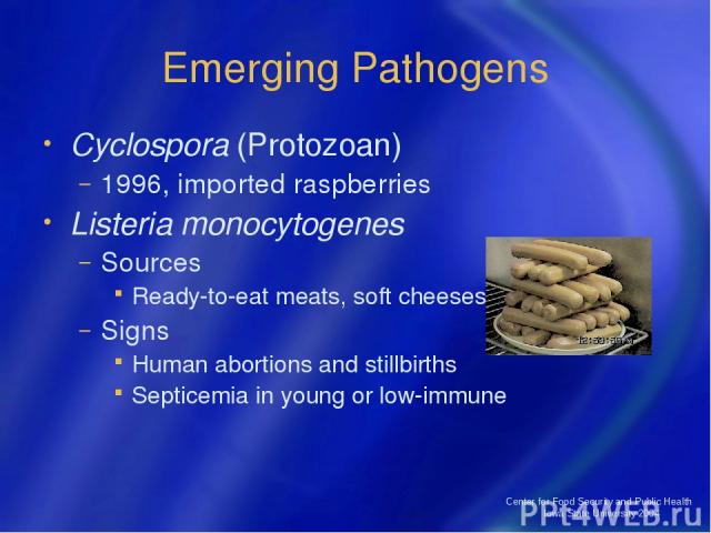 Center for Food Security and Public Health Iowa State University 2004 Emerging Pathogens Cyclospora (Protozoan) 1996, imported raspberries Listeria monocytogenes Sources Ready-to-eat meats, soft cheeses Signs Human abortions and stillbirths Septicem…