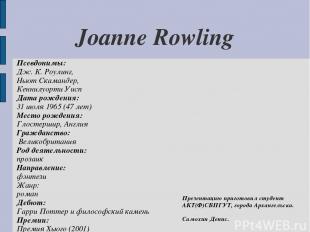 Joanne Rowling Псевдонимы: Дж. К. Роулинг, Ньют Скамандер, Кеннилуорти Уисп Дата