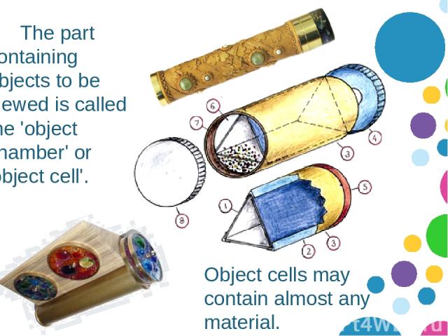 The part containing objects to be viewed is called the 'object chamber' or 'object cell'. Object cells may contain almost any material. 