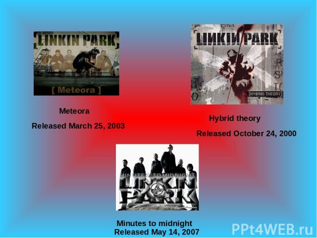 Hybrid theory Meteora Minutes to midnight Released October 24, 2000 Released March 25, 2003 Released May 14, 2007