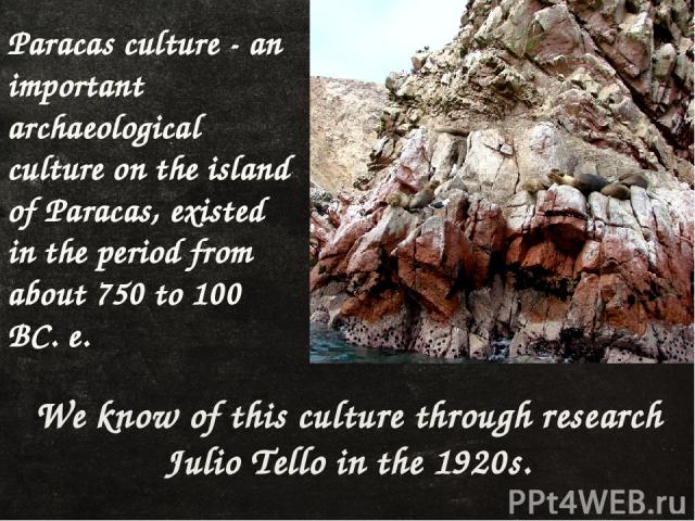 Paracas culture - an important archaeological culture on the island of Paracas, existed in the period from about 750 to 100 BC. e. We know of this culture through research Julio Tello in the 1920s.