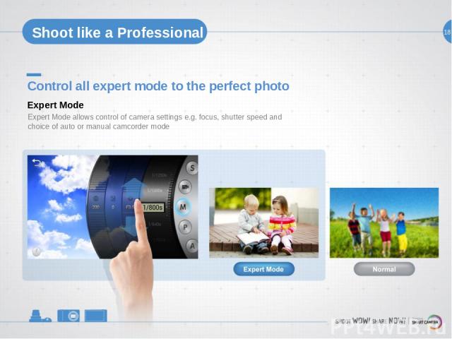 18 Shoot like a Professional Control all expert mode to the perfect photo Expert Mode allows control of camera settings e.g. focus, shutter speed and choice of auto or manual camcorder mode Expert Mode