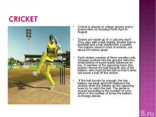 Cricket is played on village greens and in towns/cities on Sundays from April to