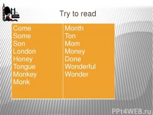 Try to read Come Some Son London Honey Tongue Monkey Monk Month Ton Mom Money Do