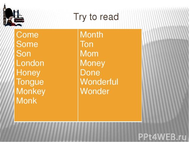 Try to read Come Some Son London Honey Tongue Monkey Monk Month Ton Mom Money Done Wonderful Wonder