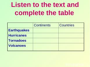 Listen to the text and complete the table Continents Countries Earthquakes Hurri